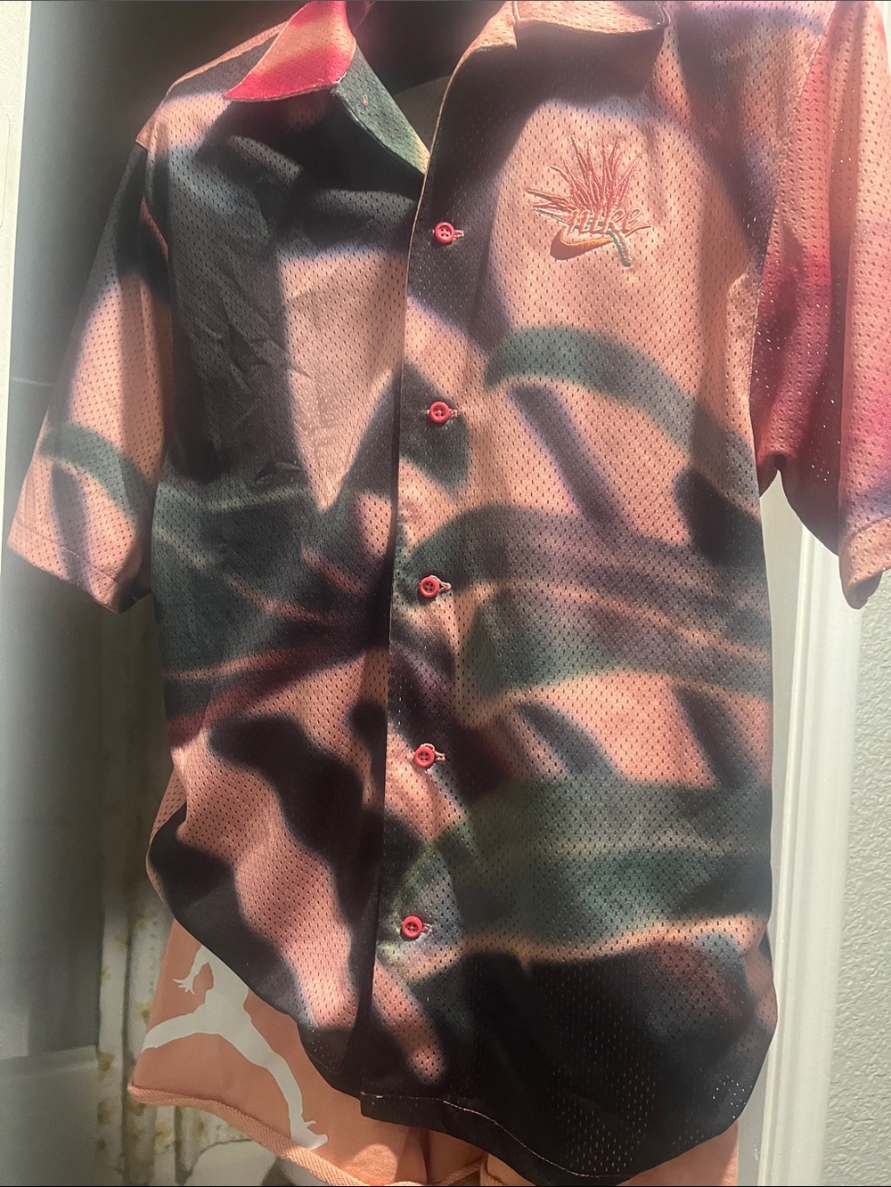 Nike Peach and Black Abstract Short-Sleeve Button Shirt